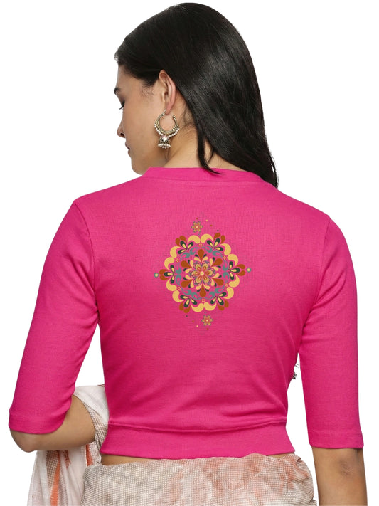 Women Back Printed Stretchable Elbow Sleeve RIB Blouse U0167 Rani Pink