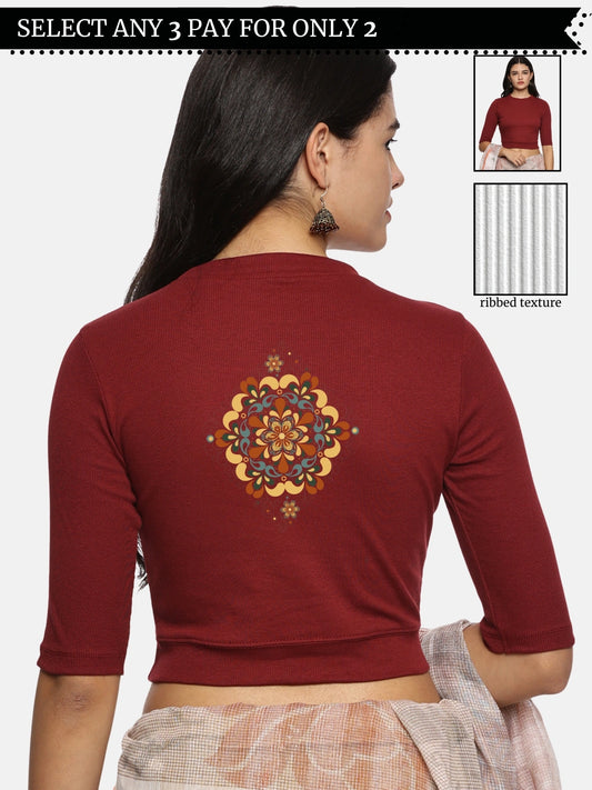 Women Back Printed Stretchable Elbow Sleeve RIB Blouse U0167 Maroon