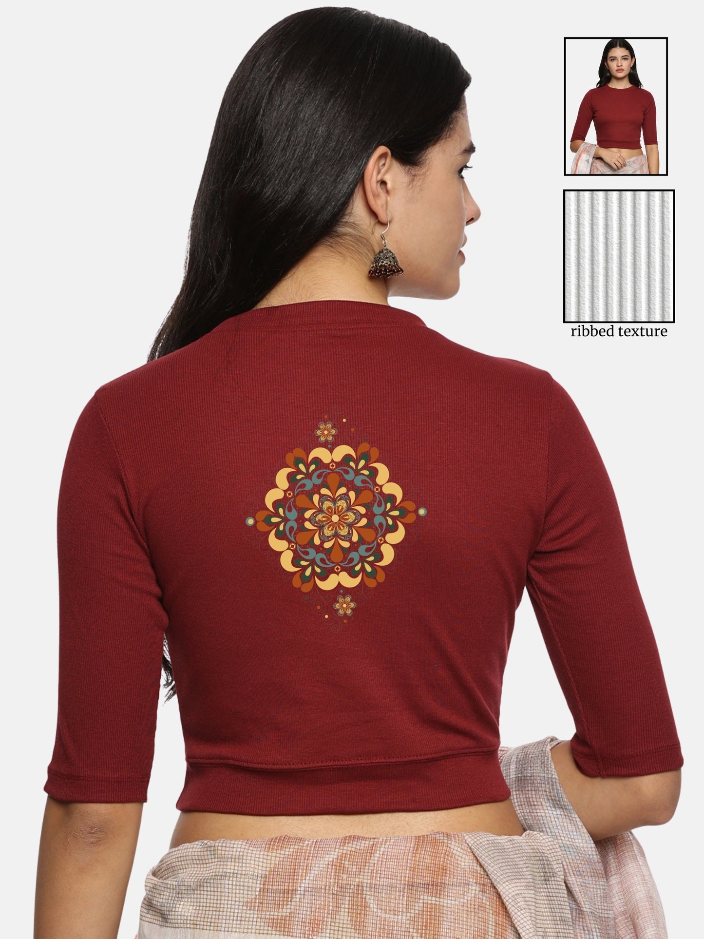 Women Back Printed Stretchable Elbow Sleeve RIB Blouse U0167 Maroon