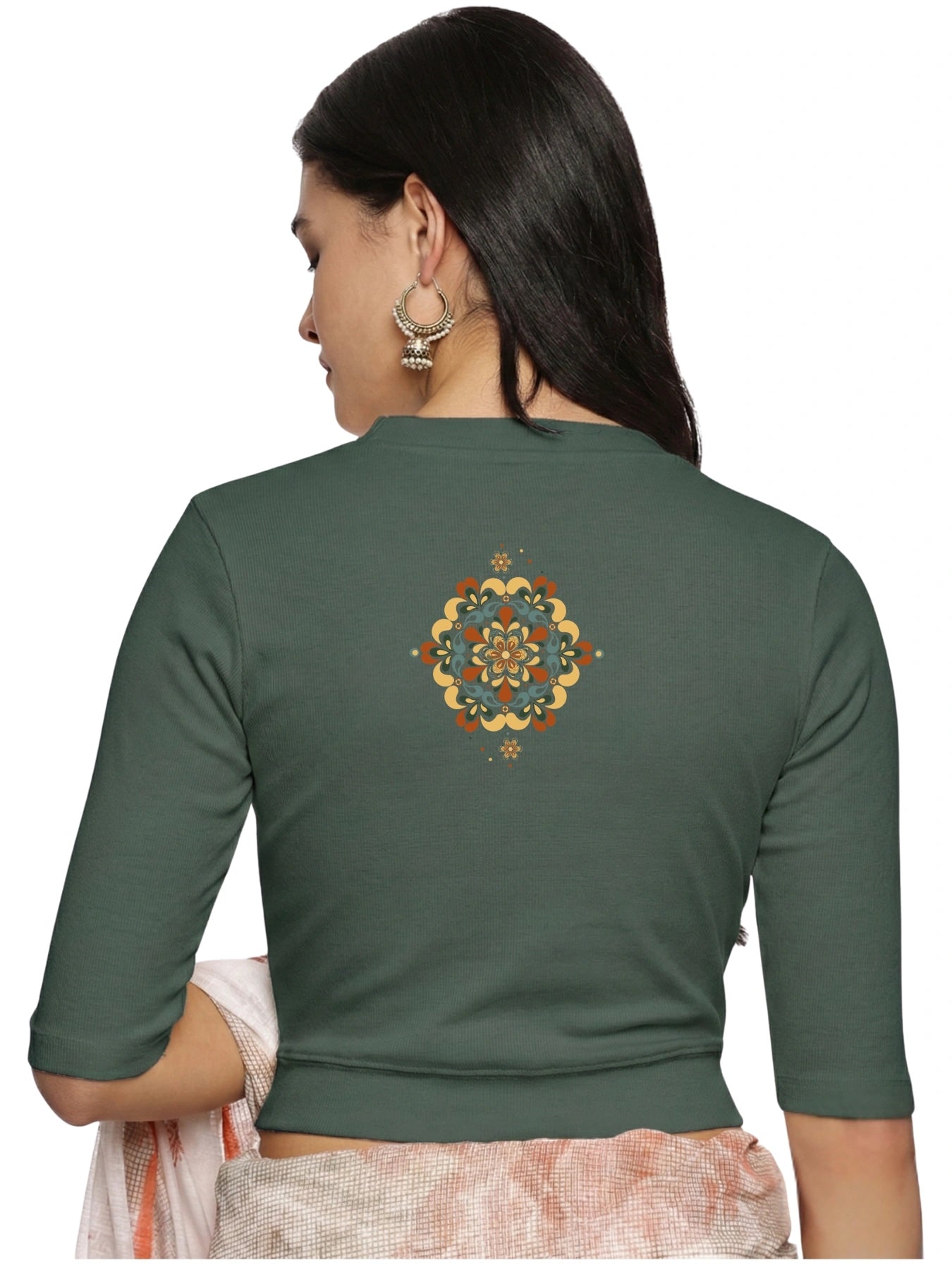 Women Back Printed Stretchable Elbow Sleeve RIB Blouse U0167 Khaki Green