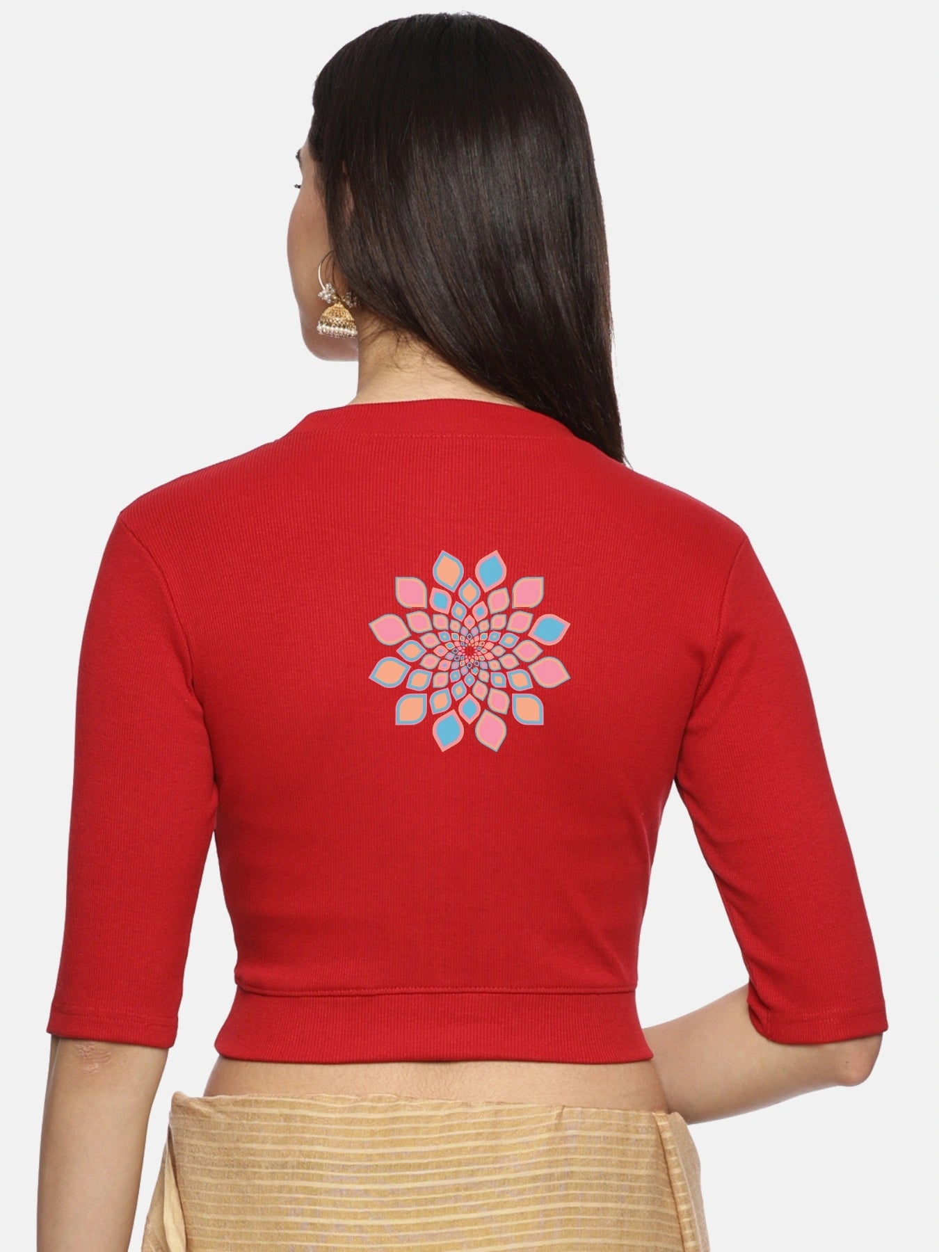 Women Back Printed Stretchable Elbow Sleeve RIB Blouse U0168