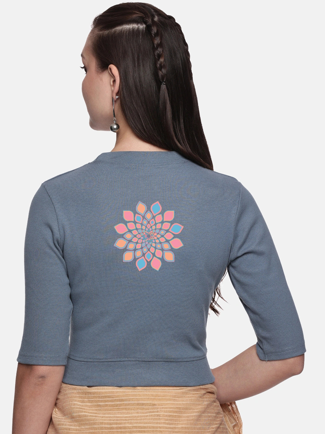 Women Back Printed Stretchable Elbow Sleeve RIB Blouse U0168 - notyetbyus