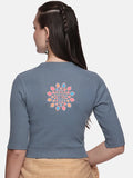 Women Back Printed Stretchable Elbow Sleeve RIB Blouse U0168 Elephant Grey