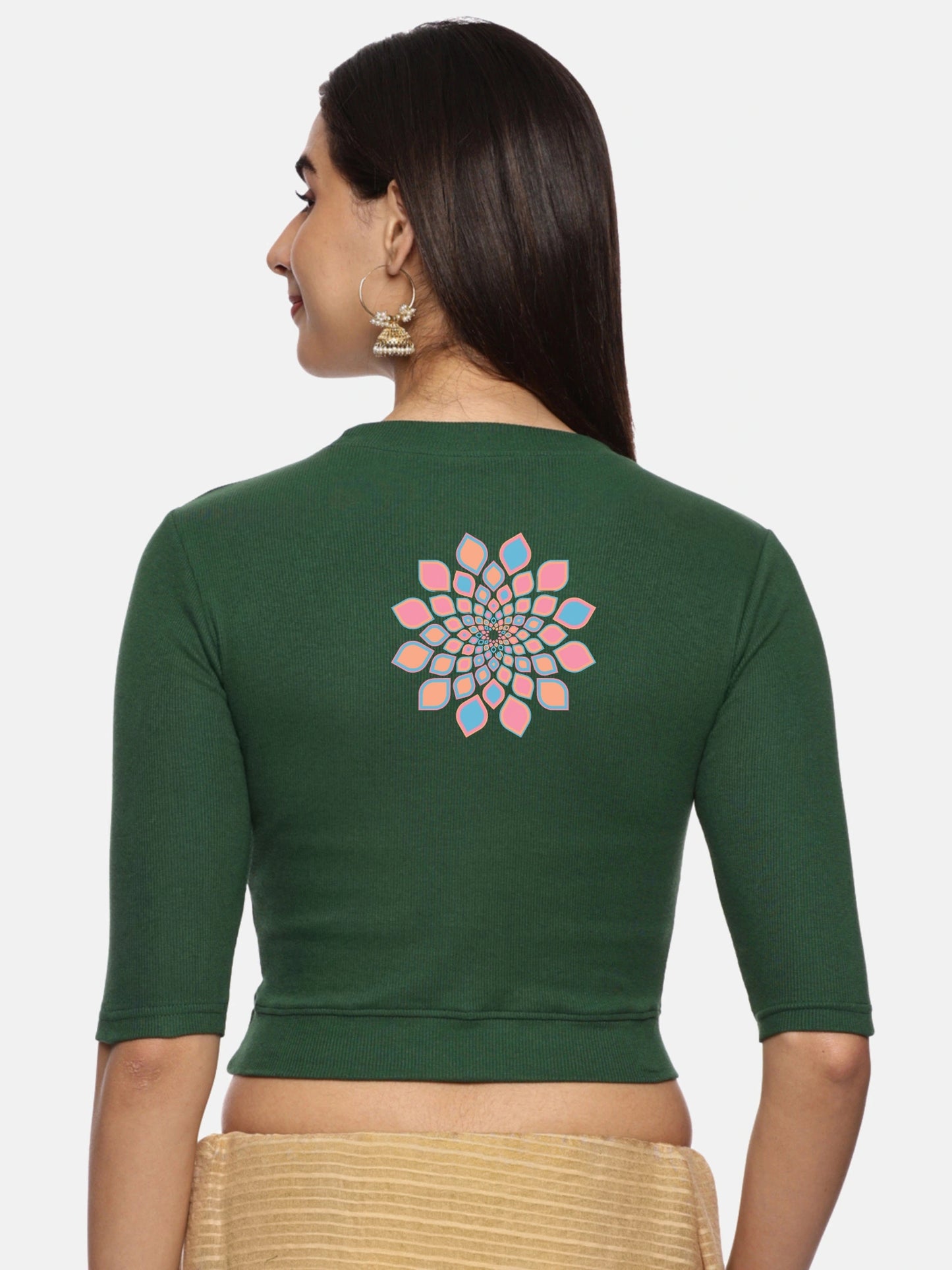 Women Back Printed Stretchable Elbow Sleeve RIB Blouse U0168  Bottle Green