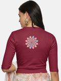 Women Back Printed Stretchable Elbow Sleeve RIB Blouse U0168 Wine Pink