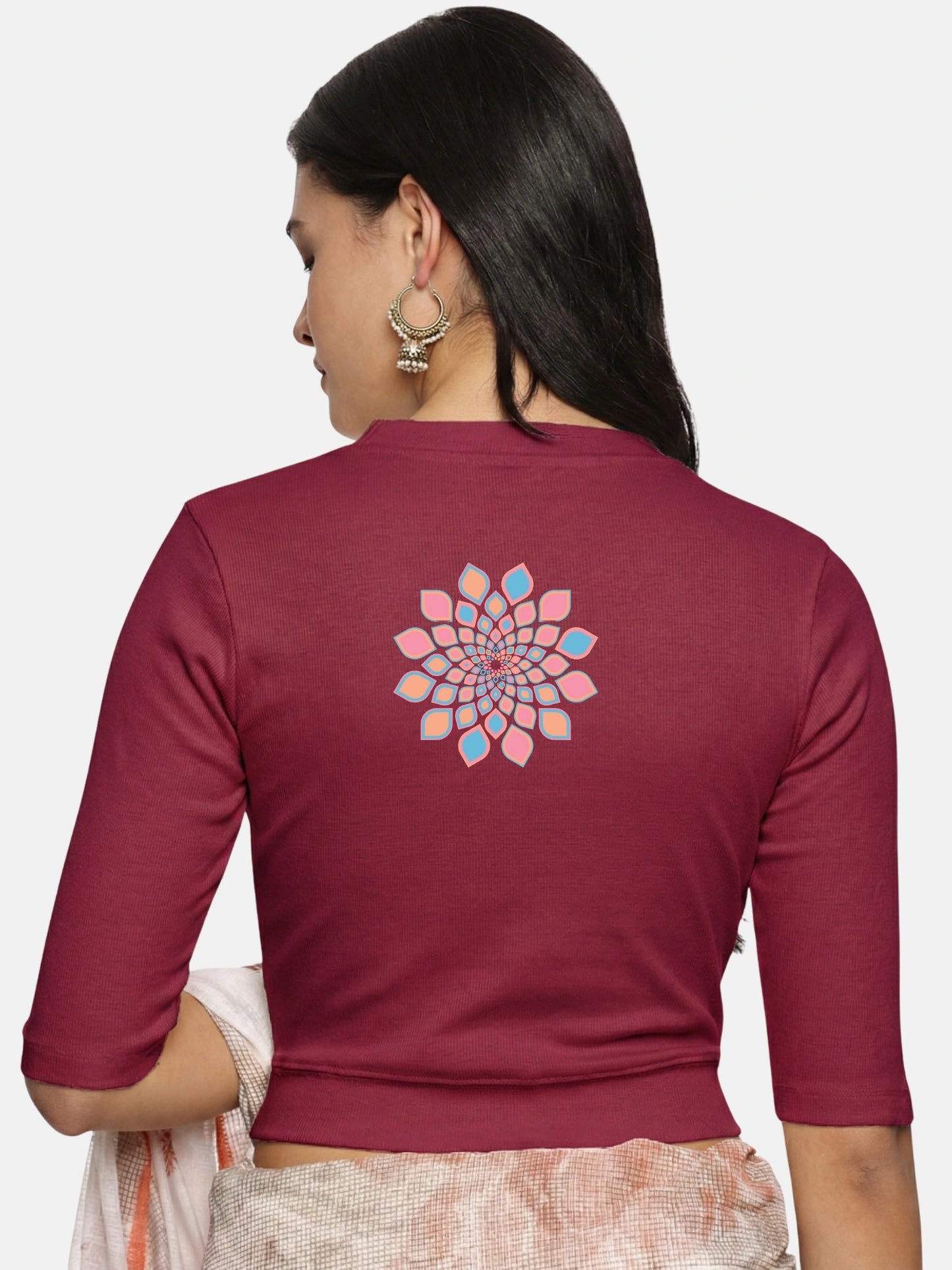Women Back Printed Stretchable Elbow Sleeve RIB Blouse U0168 Wine Pink