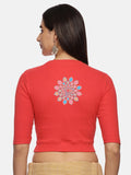 Women Back Printed Stretchable Elbow Sleeve RIB Blouse U0168 Coral