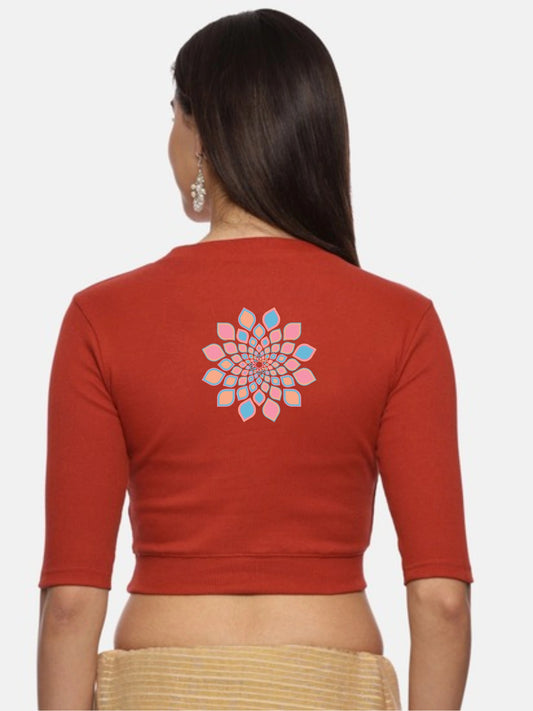 Women Back Printed Stretchable Elbow Sleeve RIB Blouse U0168 Rust
