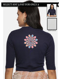 Women Back Printed Stretchable Elbow Sleeve RIB Blouse U0168 Navy