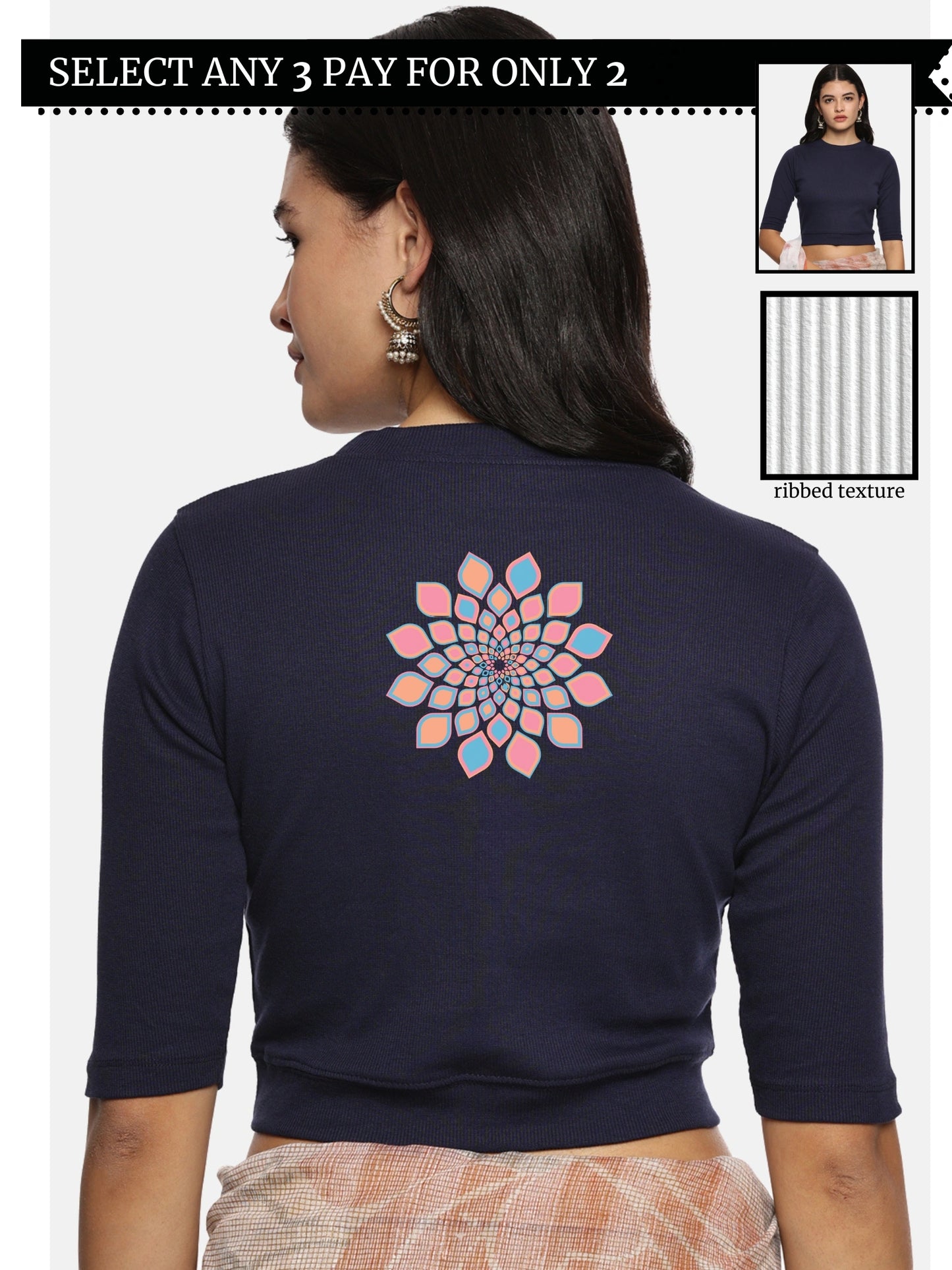 Women Back Printed Stretchable Elbow Sleeve RIB Blouse U0168 Navy