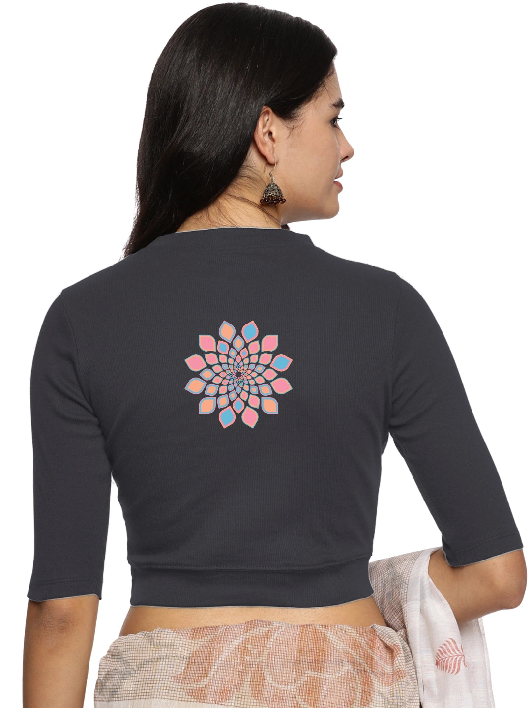 Women Back Printed Stretchable Elbow Sleeve RIB Blouse U0168 - notyetbyus