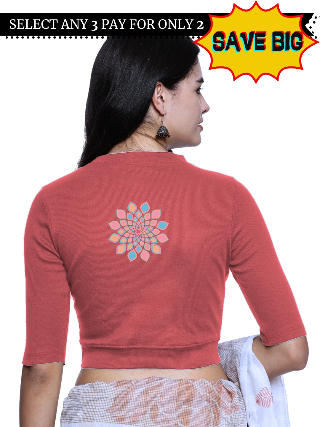 Women Back Printed Stretchable Elbow Sleeve RIB Blouse U0168 - notyetbyus