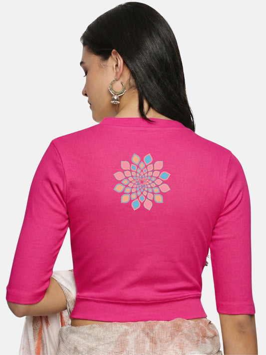 Women Back Printed Stretchable Elbow Sleeve RIB Blouse U0168 Rani Pink