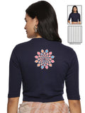 Women Back Printed Stretchable Elbow Sleeve RIB Blouse U0168 Navy