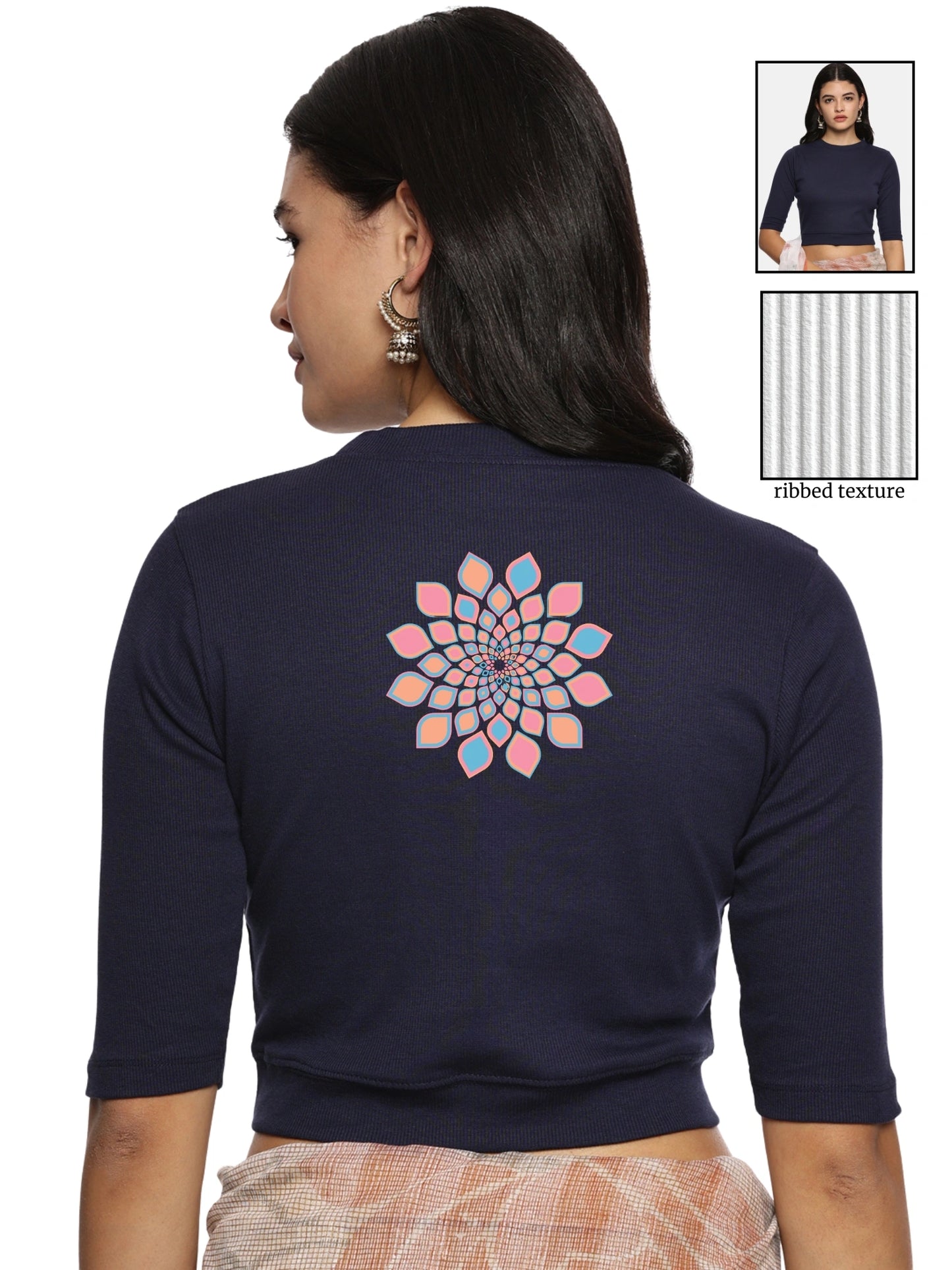 Women Back Printed Stretchable Elbow Sleeve RIB Blouse U0168 Navy