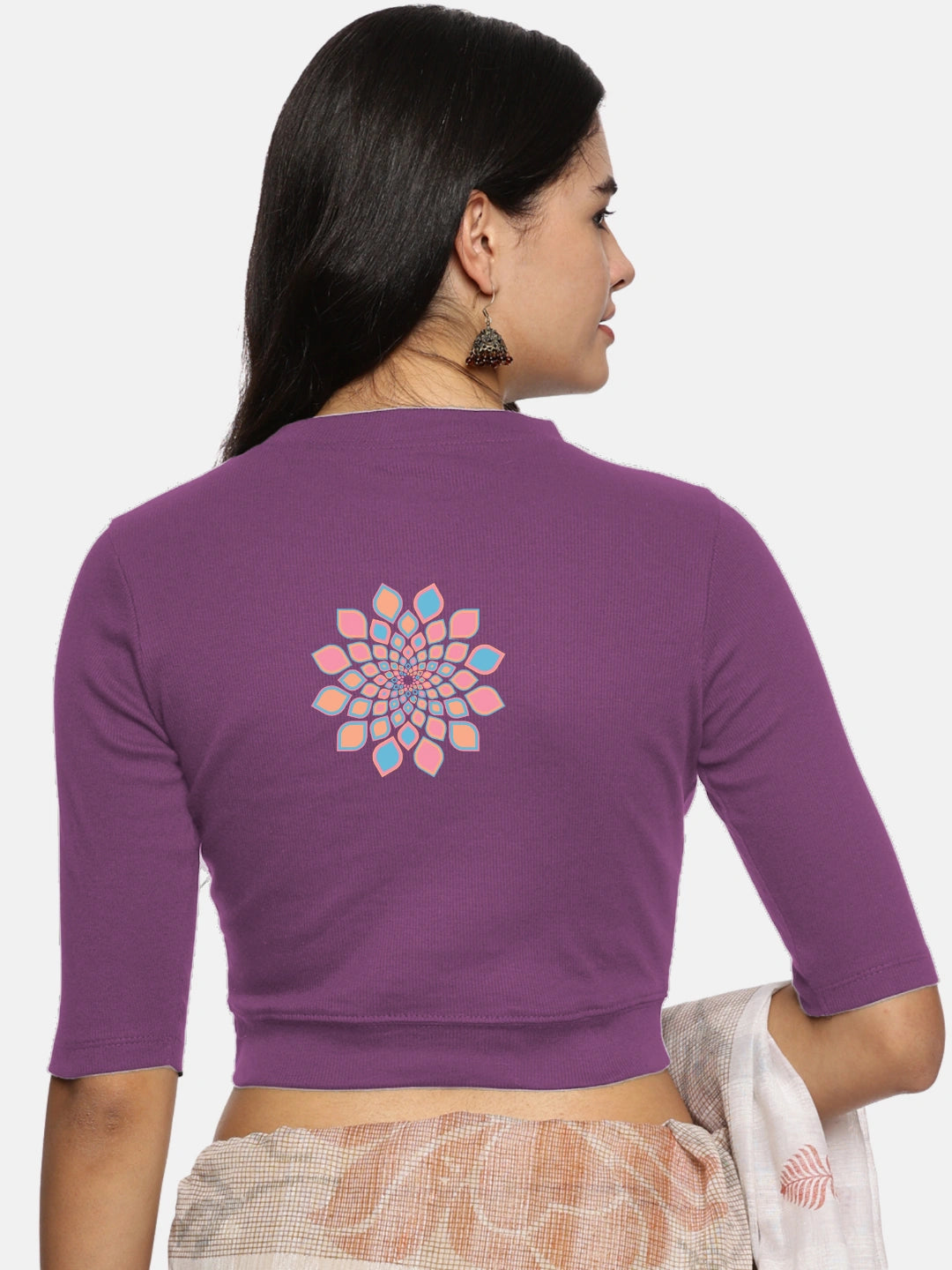 Women Back Printed Stretchable Elbow Sleeve RIB Blouse U0168 - notyetbyus