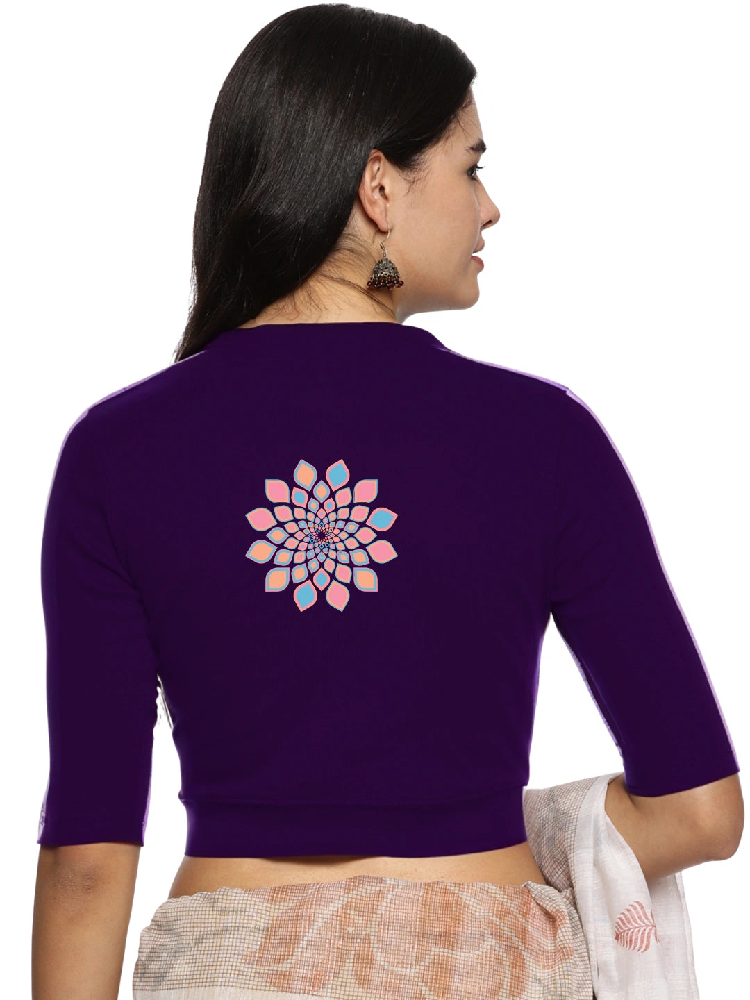 Women Back Printed Stretchable Elbow Sleeve RIB Blouse U0168 - notyetbyus