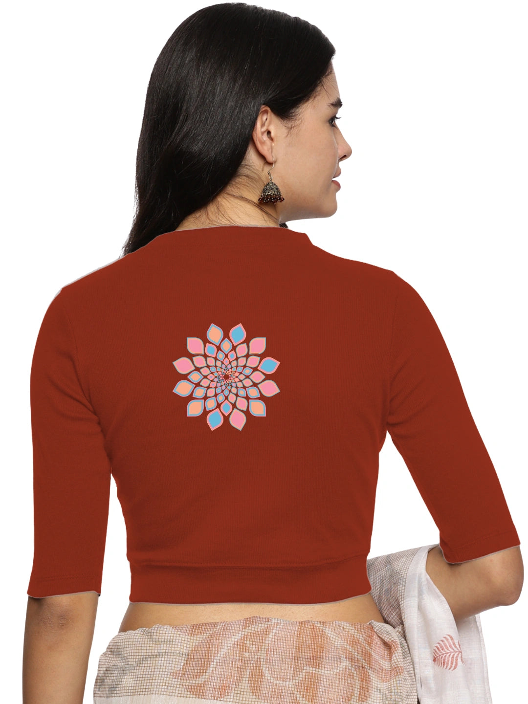 Women Back Printed Stretchable Elbow Sleeve RIB Blouse U0168 - notyetbyus