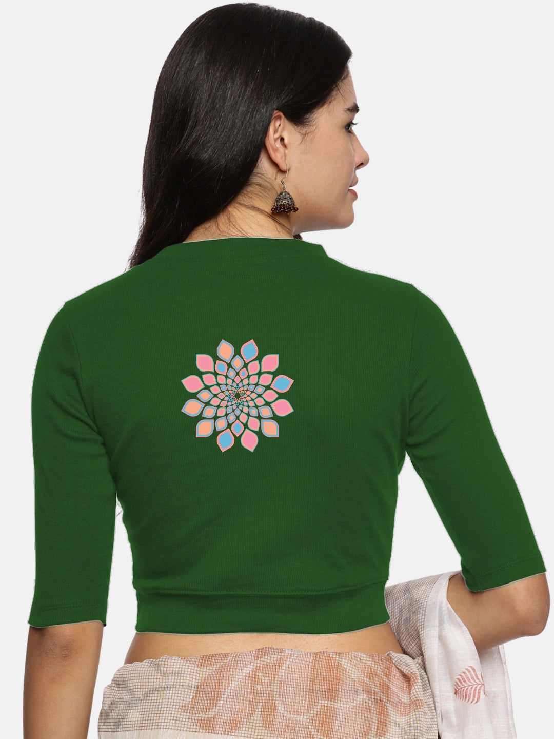 Women Back Printed Stretchable Elbow Sleeve RIB Blouse U0168 - notyetbyus