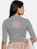 Women Back Printed Stretchable Elbow Sleeve RIB Blouse U0168 LT Steel Grey