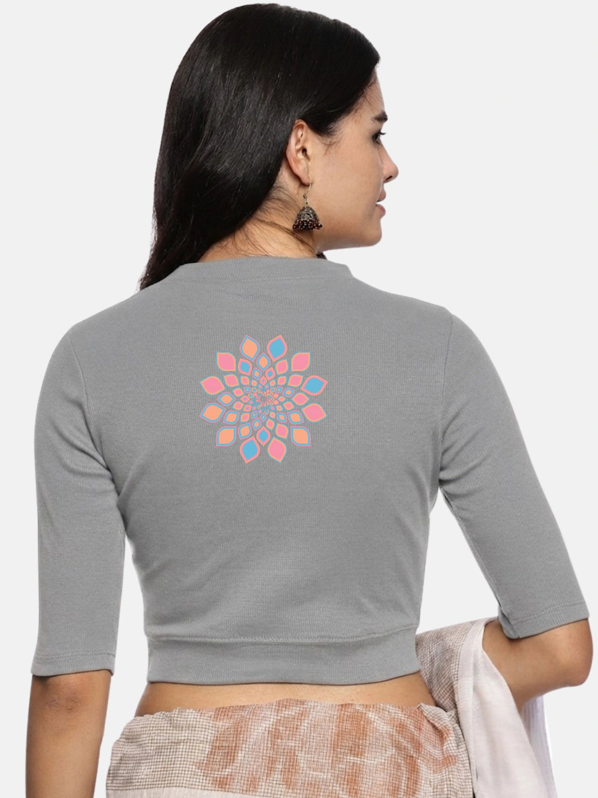 Women Back Printed Stretchable Elbow Sleeve RIB Blouse U0168 LT Steel Grey
