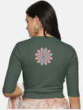 Women Back Printed Stretchable Elbow Sleeve RIB Blouse U0168 Khaki Green