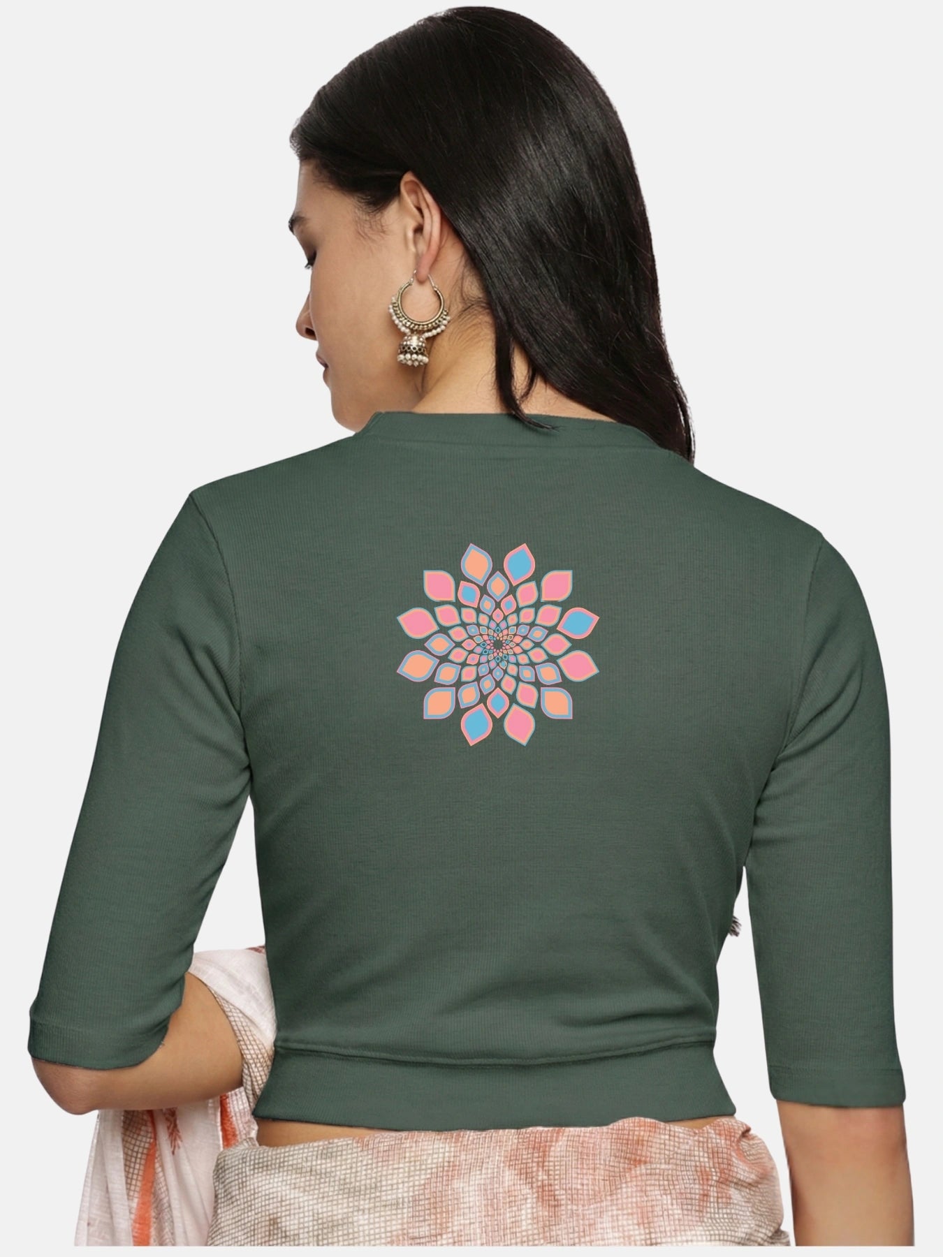 Women Back Printed Stretchable Elbow Sleeve RIB Blouse U0168 Khaki Green