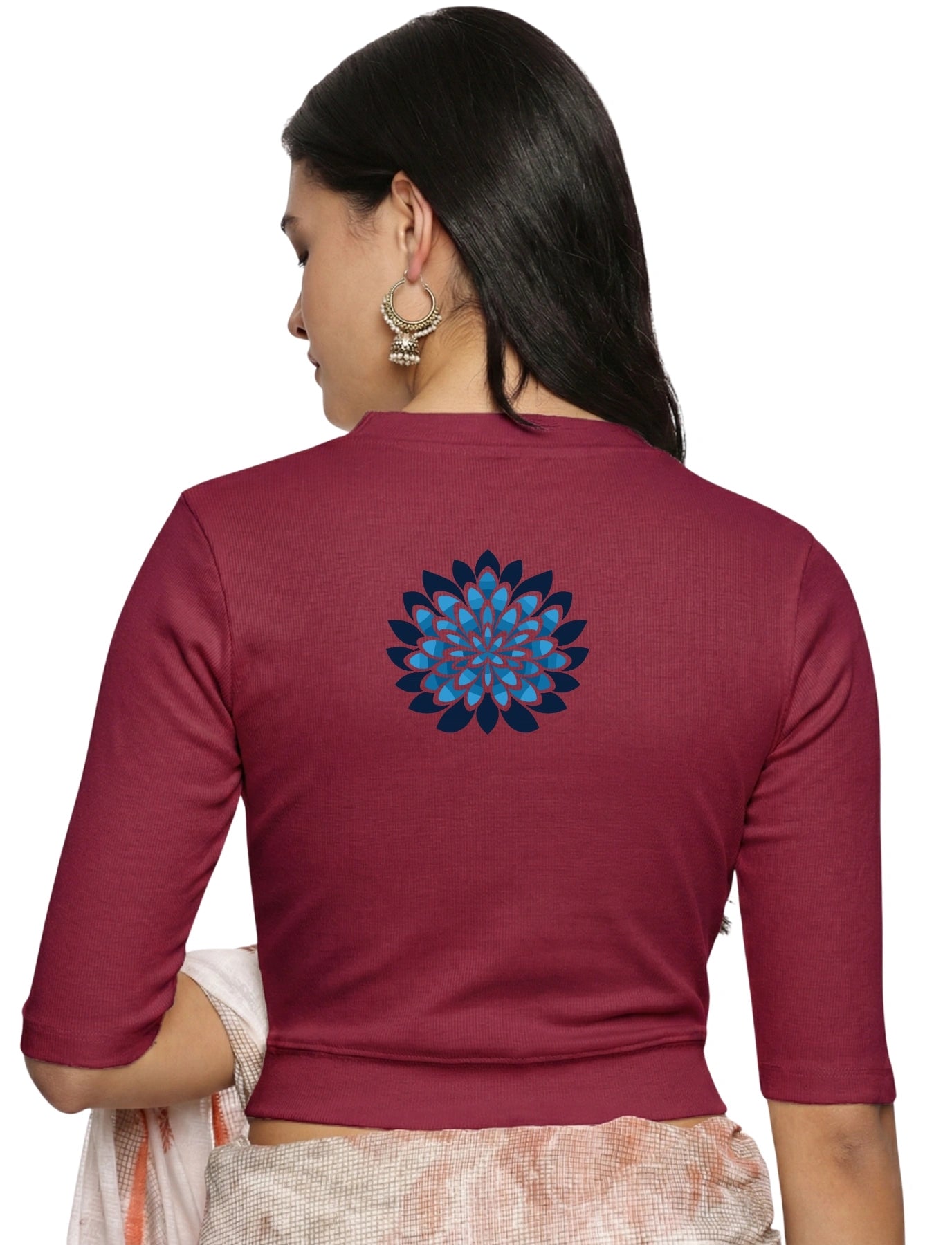 Women Back Printed Stretchable Elbow Sleeve RIB Blouse U0169 Wine Pink