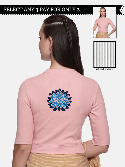 Women Back Printed Stretchable Elbow Sleeve RIB Blouse U0169 Blush Pink