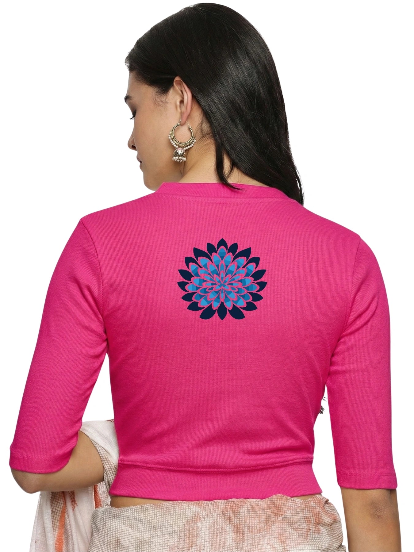 Women Back Printed Stretchable Elbow Sleeve RIB Blouse U0169 Rani Pink