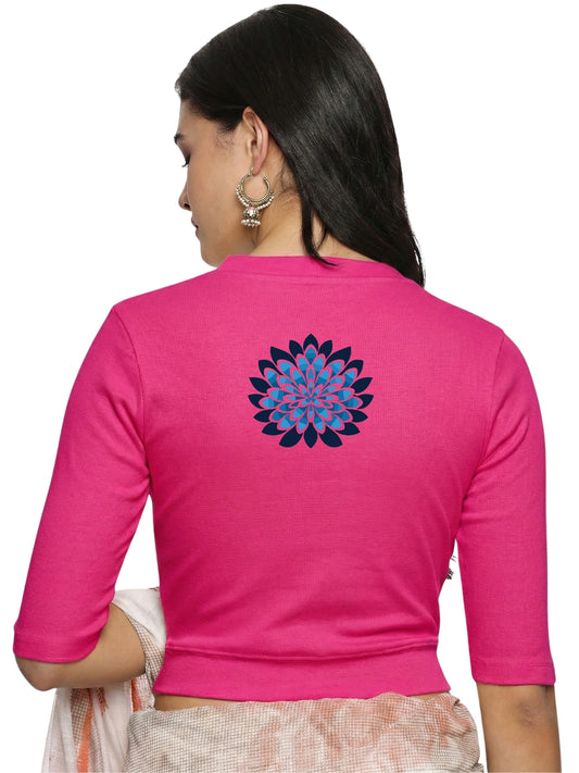 Women Back Printed Stretchable Elbow Sleeve RIB Blouse U0169 Rani Pink