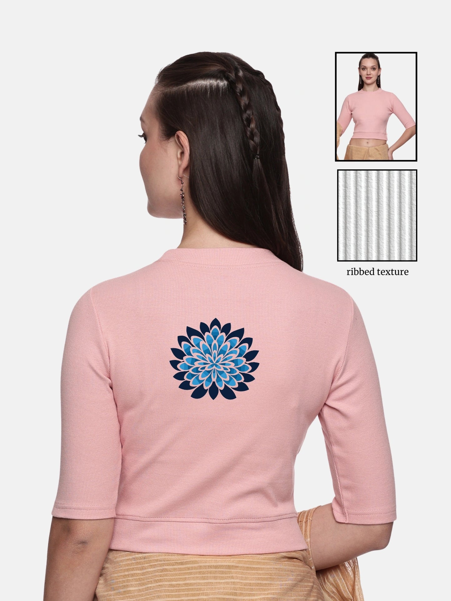 Women Back Printed Stretchable Elbow Sleeve RIB Blouse U0169 Blush Pink