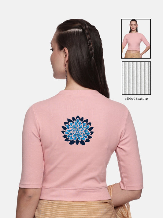 Women Back Printed Stretchable Elbow Sleeve RIB Blouse U0169 Blush Pink