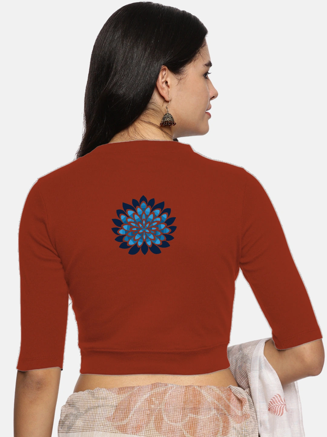 Women Back Printed Stretchable Elbow Sleeve RIB Blouse U0169 - notyetbyus