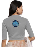 Women Back Printed Stretchable Elbow Sleeve RIB Blouse U0169 LT Steel Grey