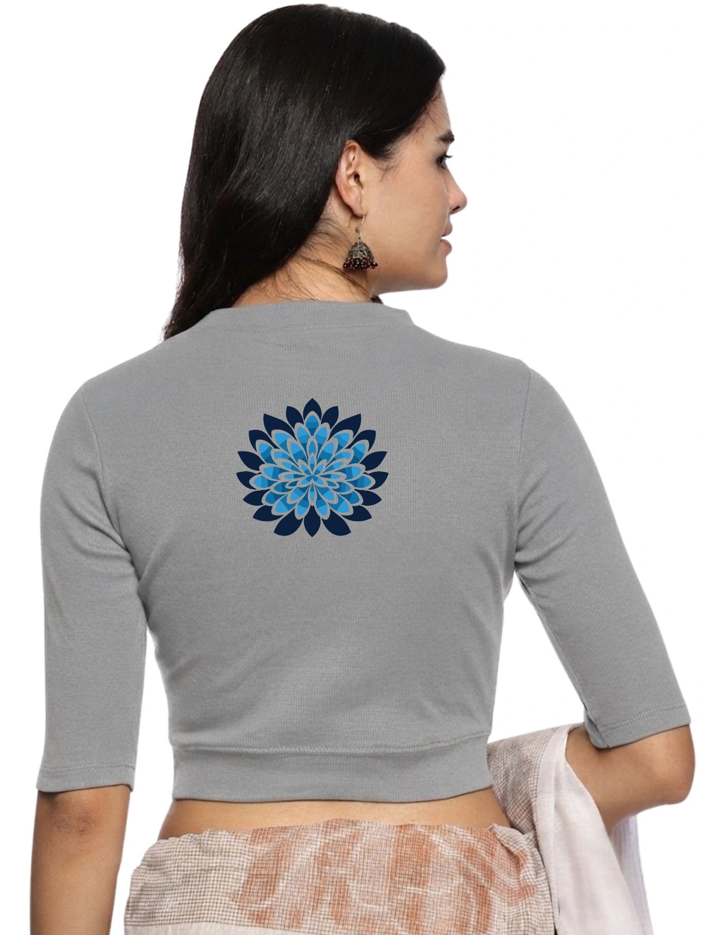 Women Back Printed Stretchable Elbow Sleeve RIB Blouse U0169 LT Steel Grey