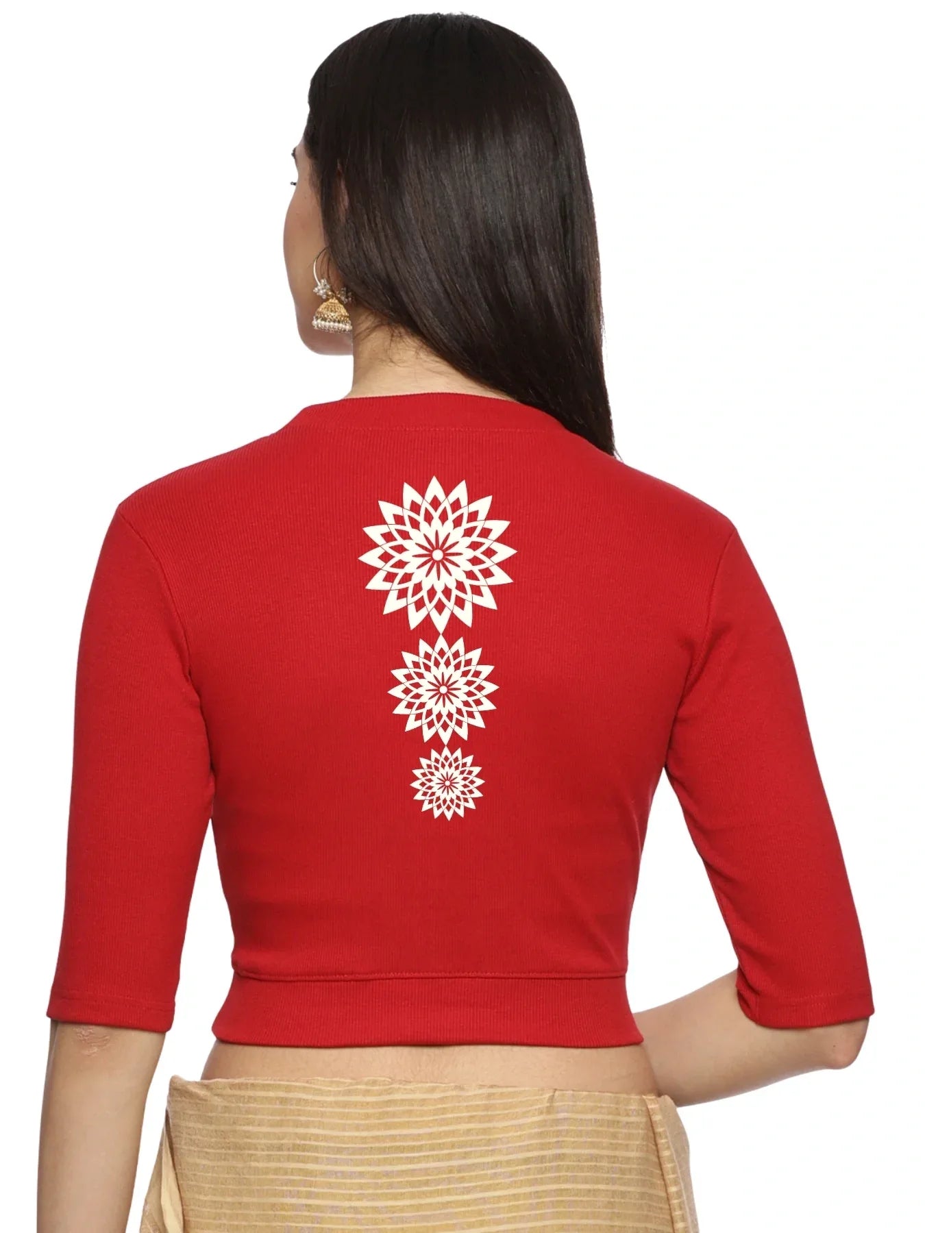 Women Back Printed Stretchable Elbow Sleeve RIB Blouse U0170 - notyetbyus