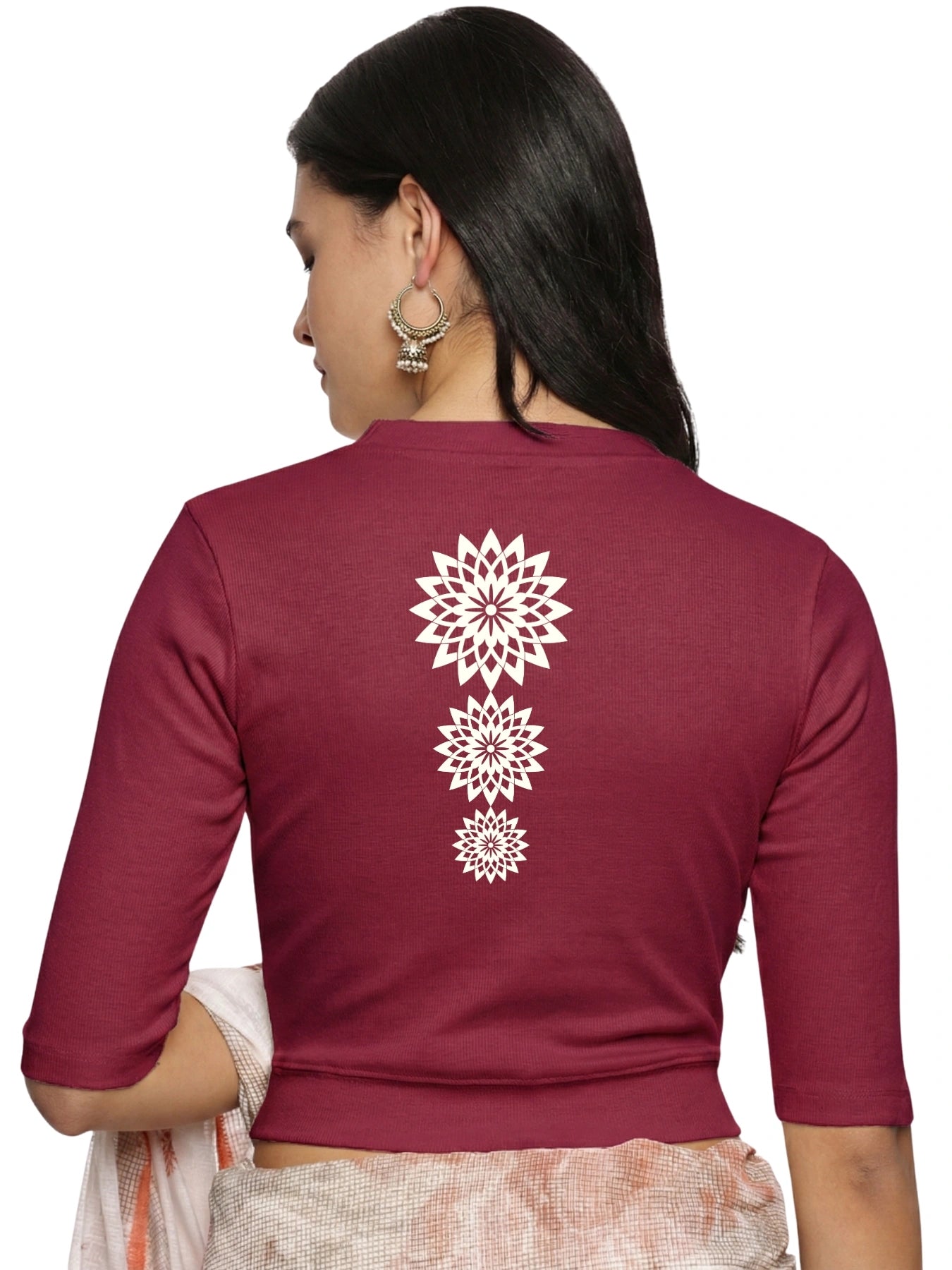 Women Back Printed Stretchable Elbow Sleeve RIB Blouse U0170 Wine Pink