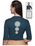 Women Back Printed Stretchable Elbow Sleeve RIB Blouse U0170 Teal Green