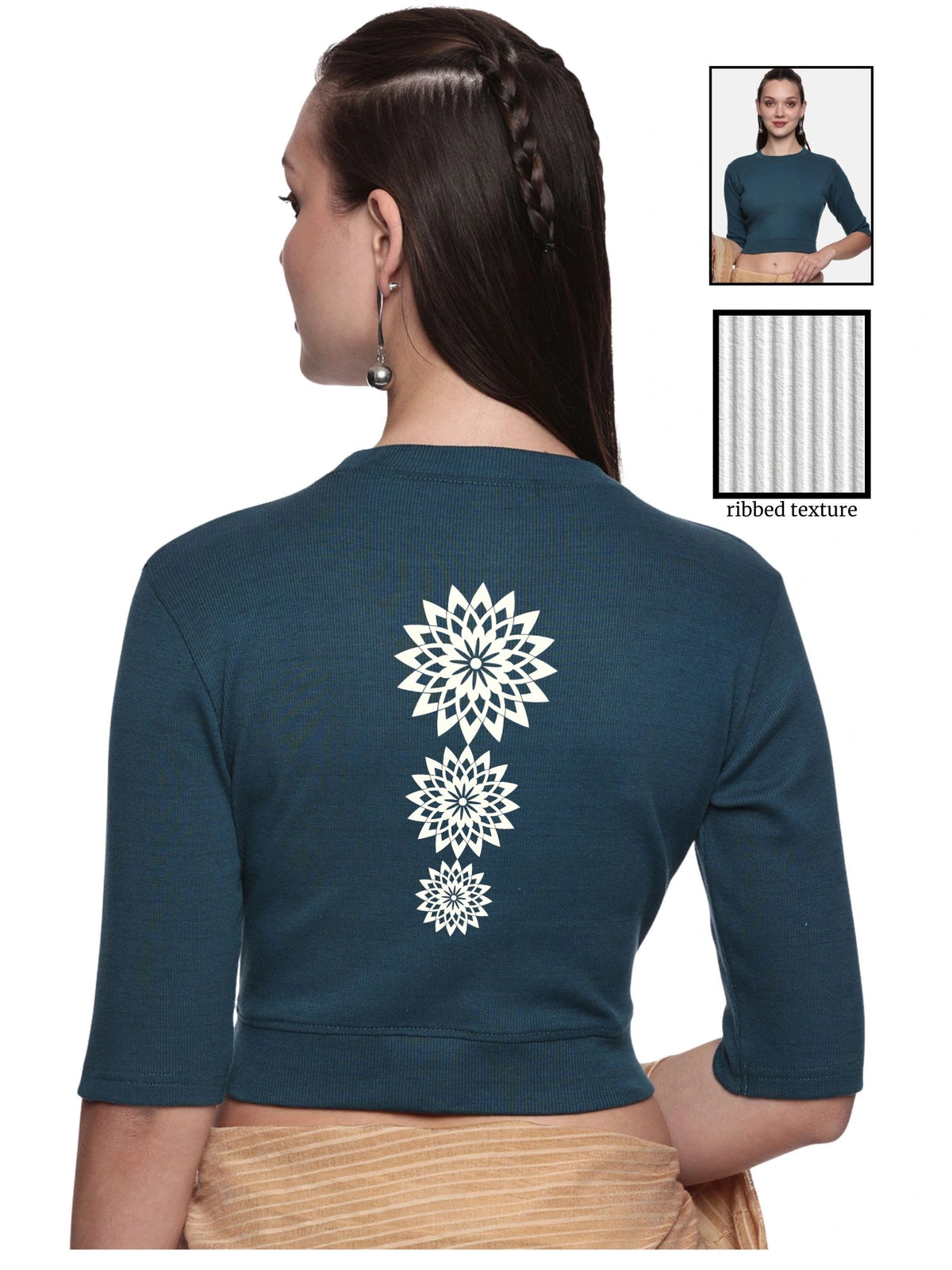 Women Back Printed Stretchable Elbow Sleeve RIB Blouse U0170 Teal Green