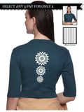 Women Back Printed Stretchable Elbow Sleeve RIB Blouse U0170 Teal Green
