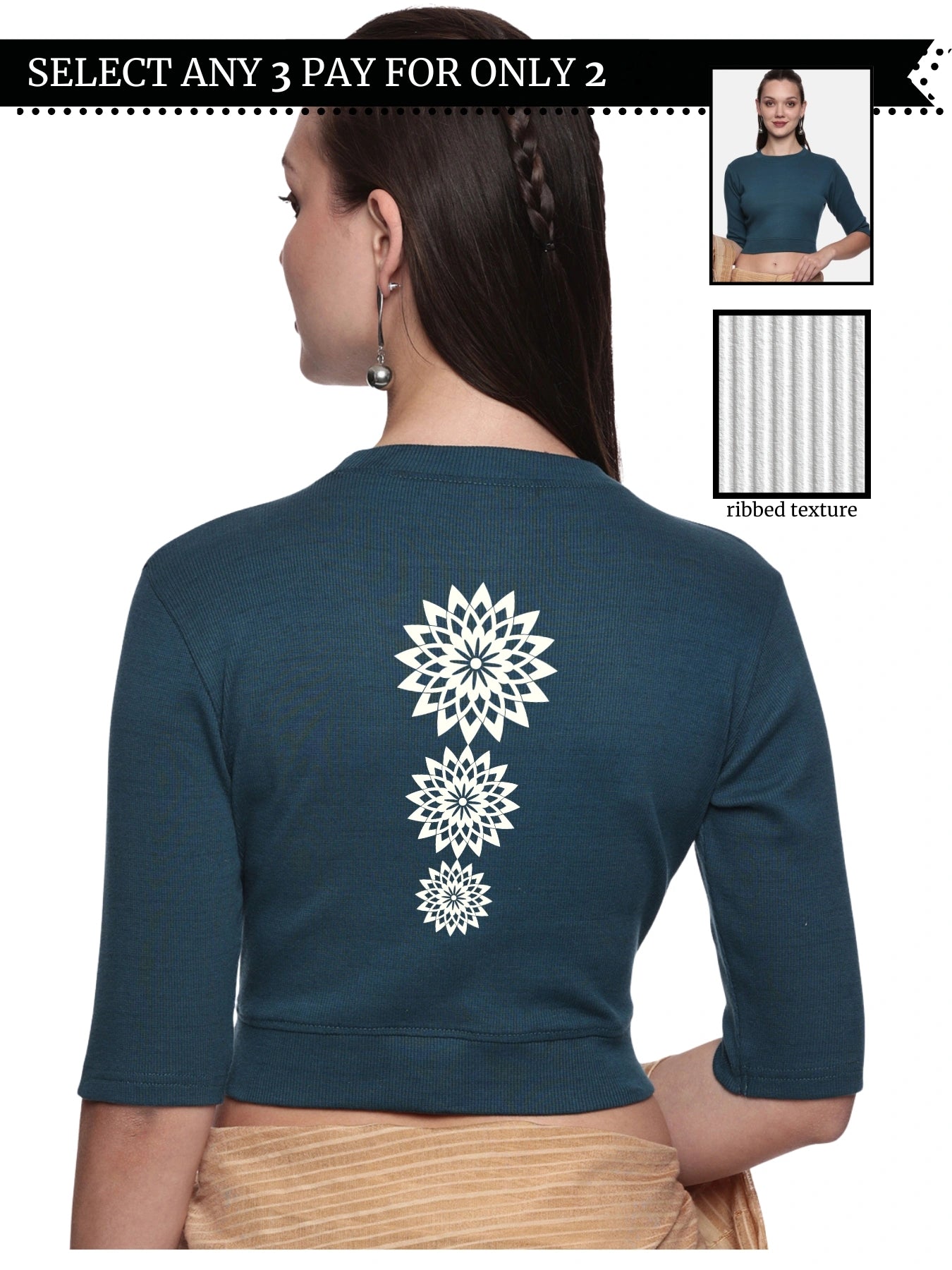 Women Back Printed Stretchable Elbow Sleeve RIB Blouse U0170 Teal Green