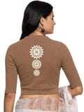 Women Back Printed Stretchable Elbow Sleeve RIB Blouse U0170 Biscuit