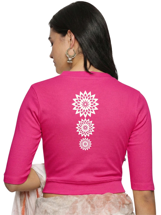 Women Back Printed Stretchable Elbow Sleeve RIB Blouse U0170 Rani Pink