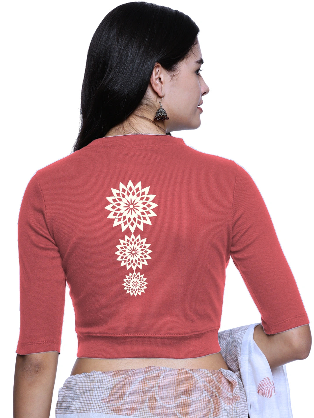 Women Back Printed Stretchable Elbow Sleeve RIB Blouse U0170 - notyetbyus