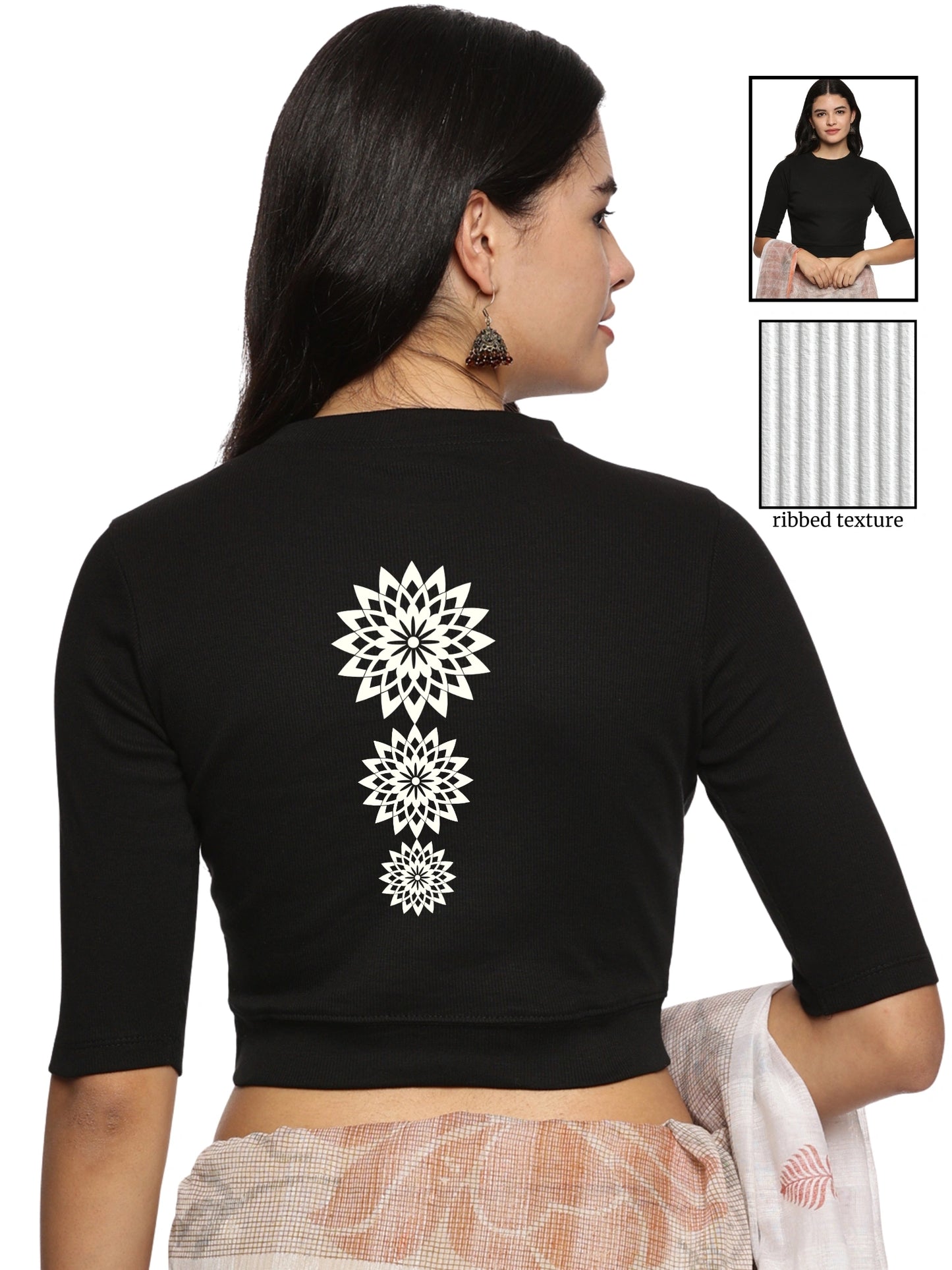 Women Back Printed Stretchable Elbow Sleeve RIB Blouse U0170 Black