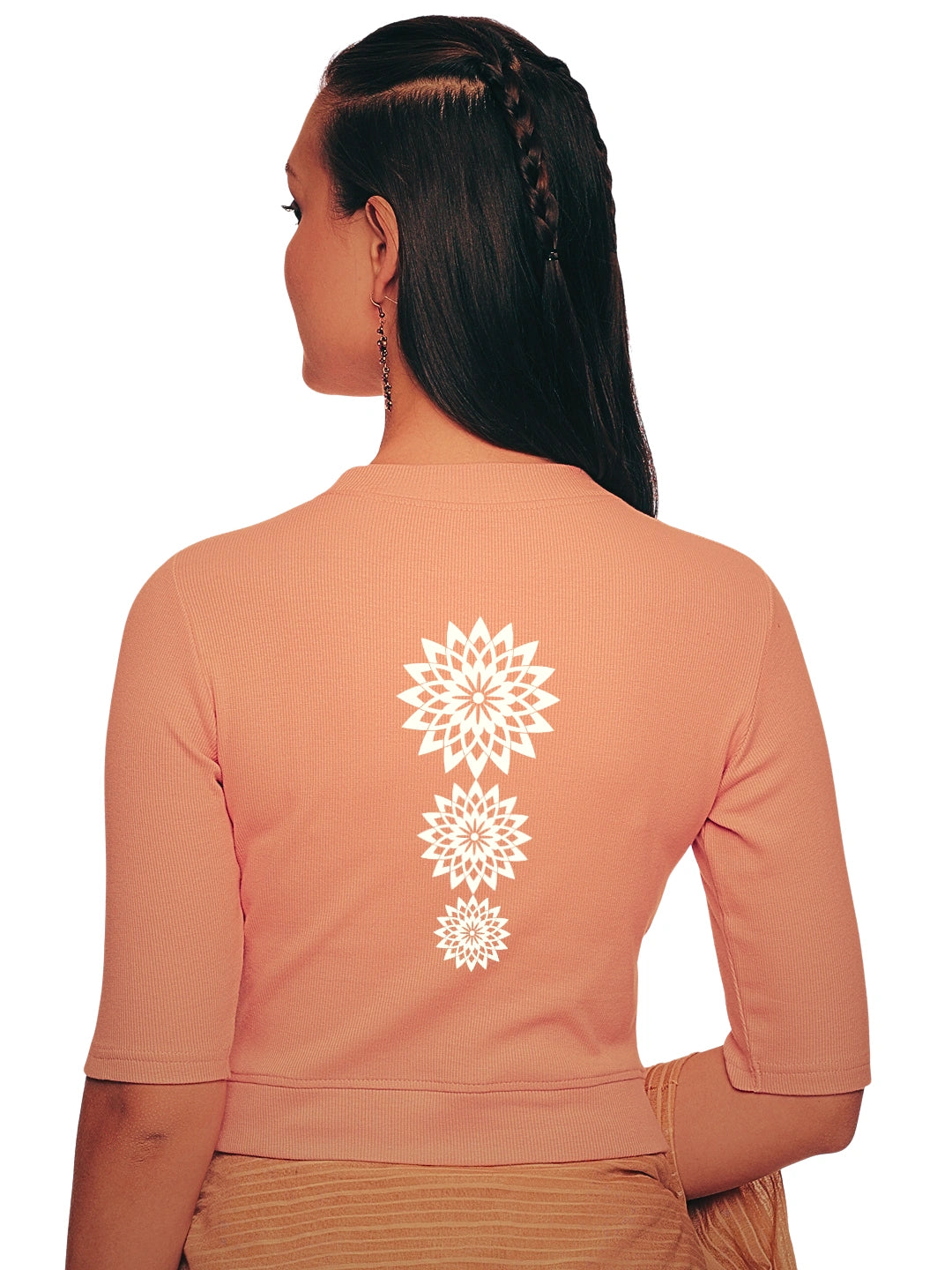 Women Back Printed Stretchable Elbow Sleeve RIB Blouse U0170 - notyetbyus