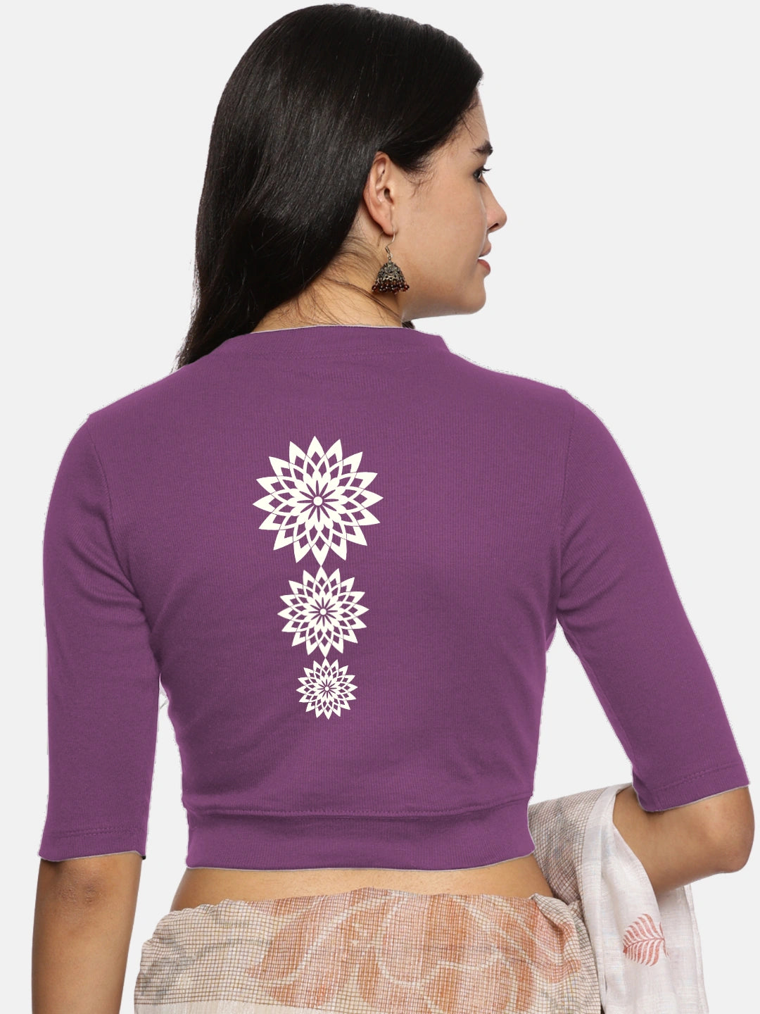 Women Back Printed Stretchable Elbow Sleeve RIB Blouse U0170 - notyetbyus