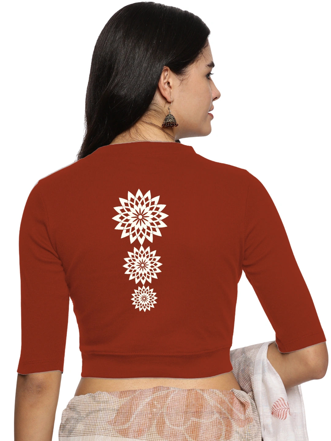 Women Back Printed Stretchable Elbow Sleeve RIB Blouse U0170 - notyetbyus