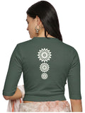 Women Back Printed Stretchable Elbow Sleeve RIB Blouse U0170 Khaki Green